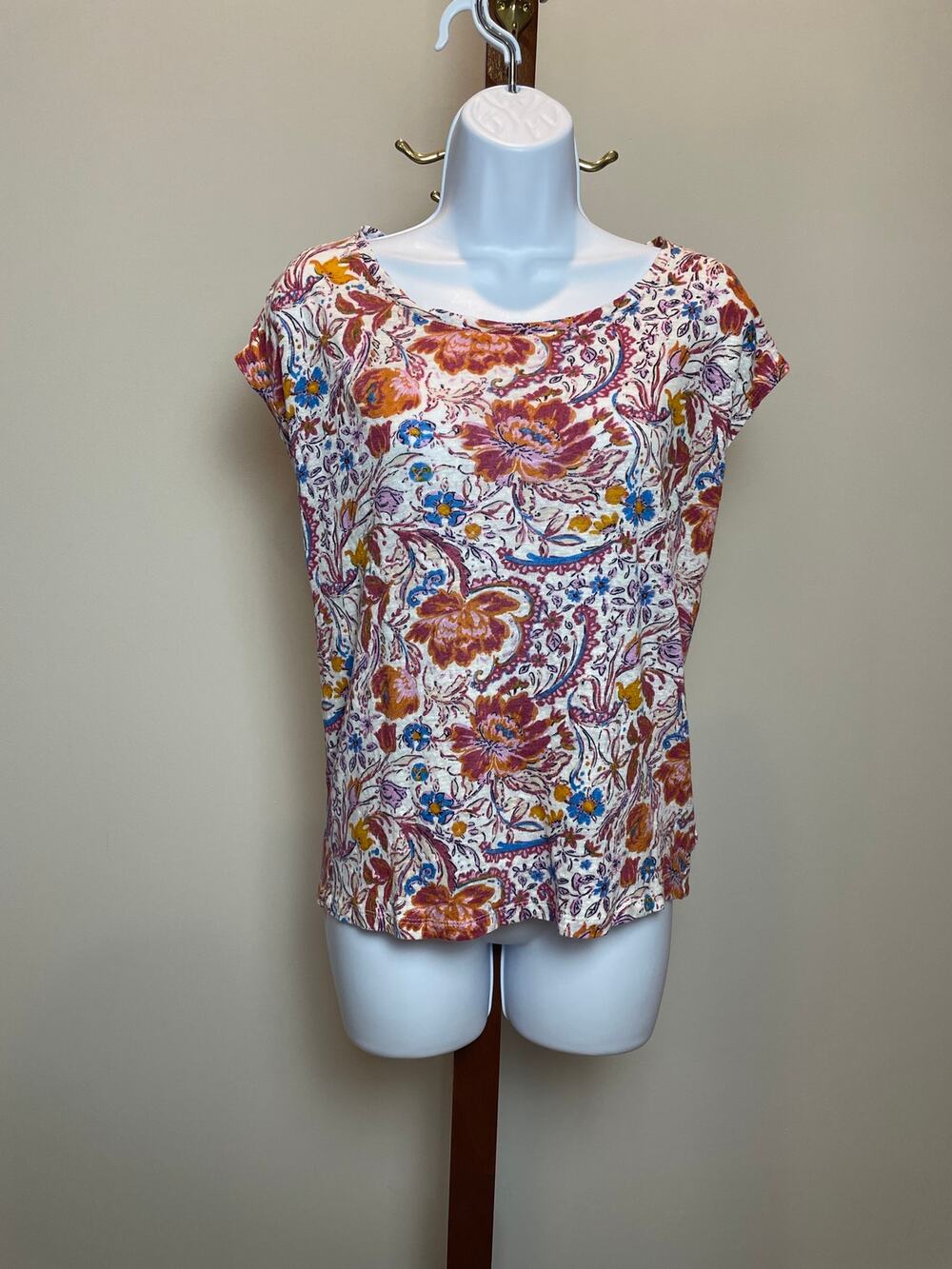 Joie Sleeveless Scoop Neck Linen Blouse L White Paisley Linen